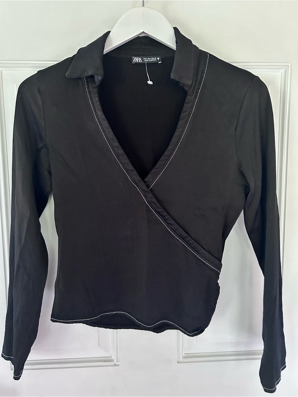 Zara Black Wrap-Style Long Sleeve Top with Contrast Stitch